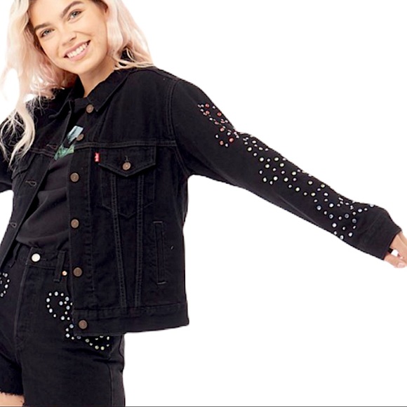 SALE Levi’s Trucker Ex Boyfriend Crystal Studded Black Wash Jean Jacket - Picture 12 of 13